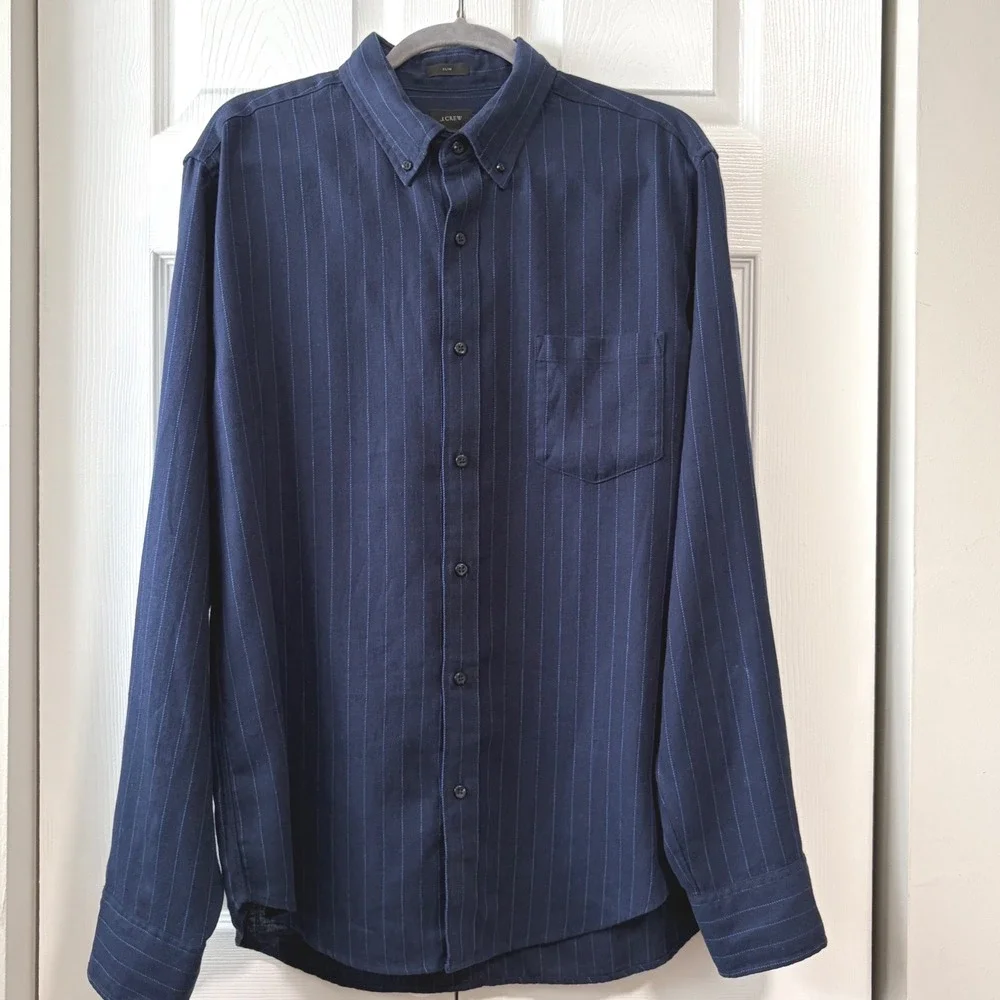 J.Crew Mens Navy Blue Pinstripe Linen Cotton Slim Fit Button Down Shirt Large